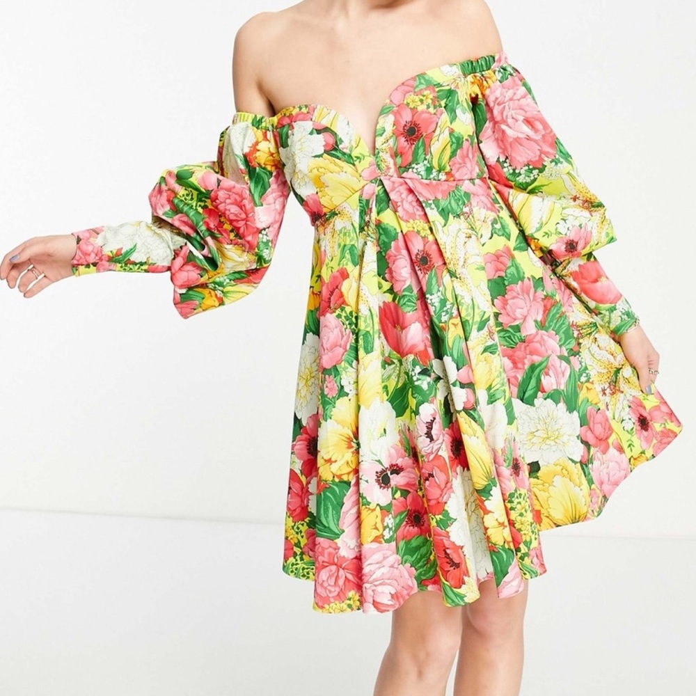 ASOS Edition Off The Shoulder Floral Print Mini Dress Made In Romania